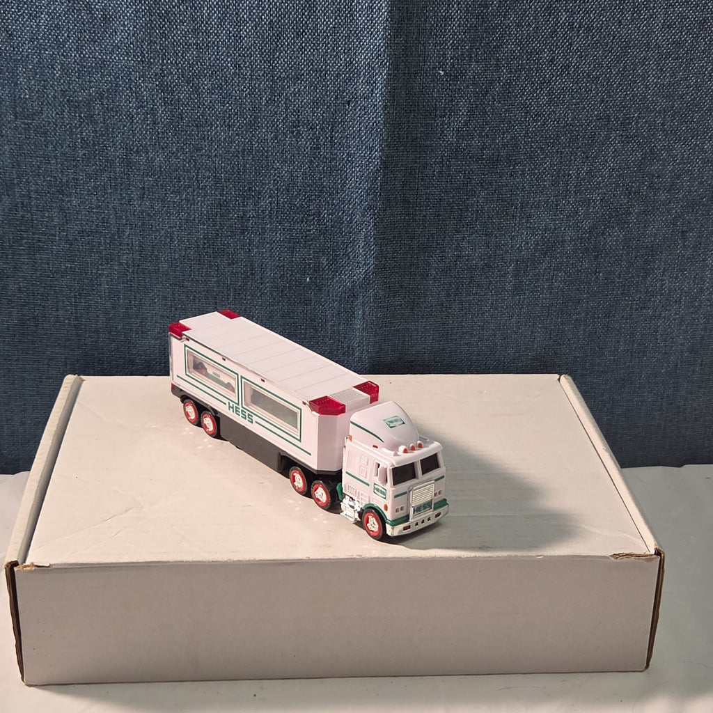 2021 Hess Mini Toy Truck Semi Hauler with Race Car White & Green Collectible