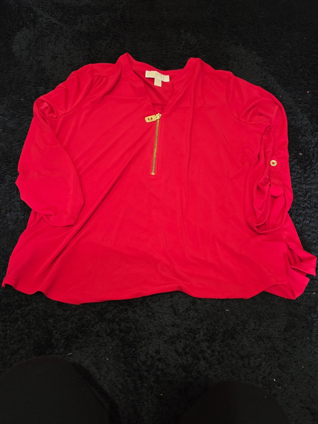 Michael Kors Blouse Red Zip Top Women Large Roll Tab Sleeve Jersey Shirt Used