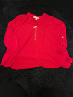 Michael Kors Blouse Red Zip Top Women Large Roll Tab Sleeve Jersey Shirt Used