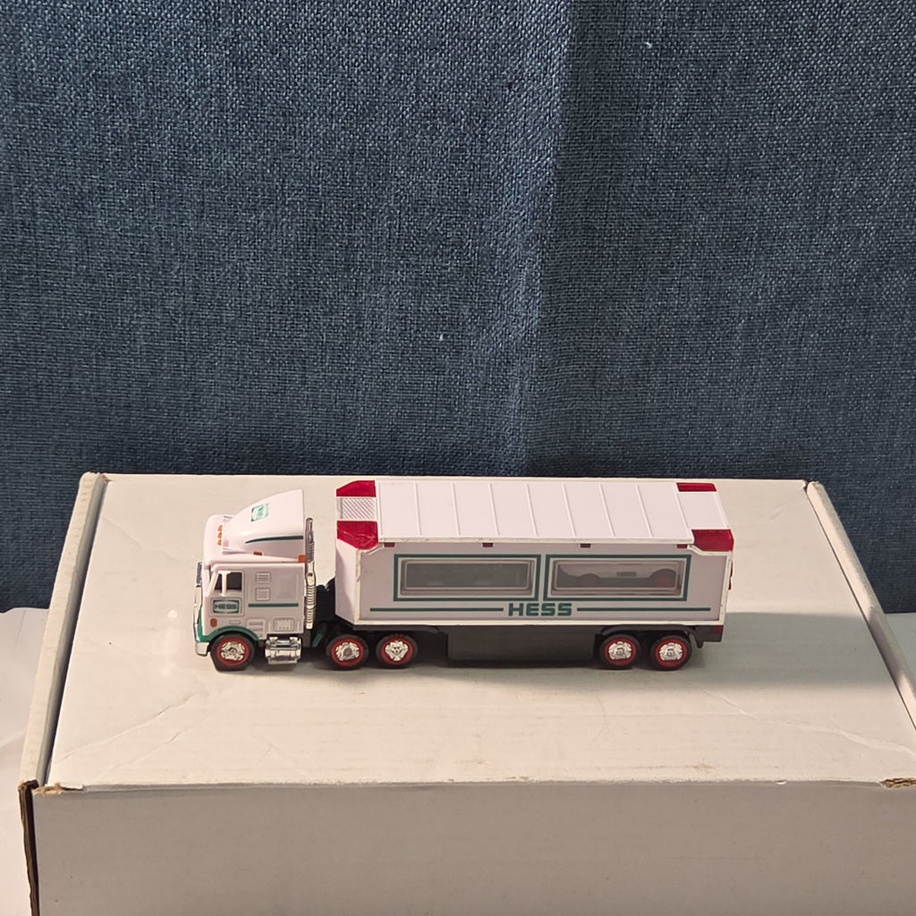 2021 Hess Mini Toy Truck Semi Hauler with Race Car White & Green Collectible