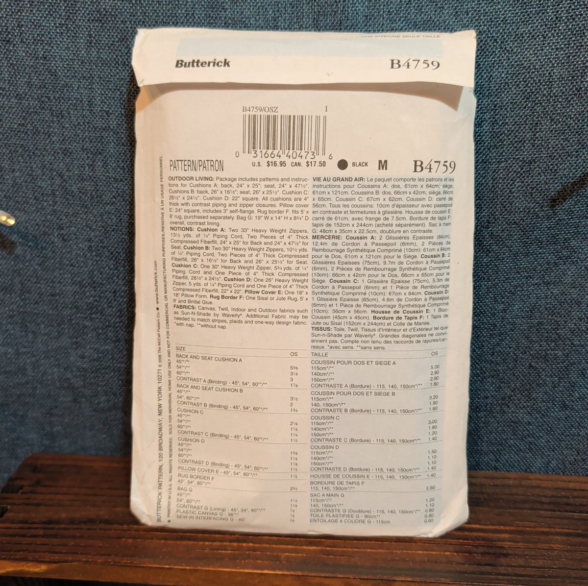 Butterick 4759 Waverly Patio Furniture Cushion Pattern DIY Home Uncut B4759