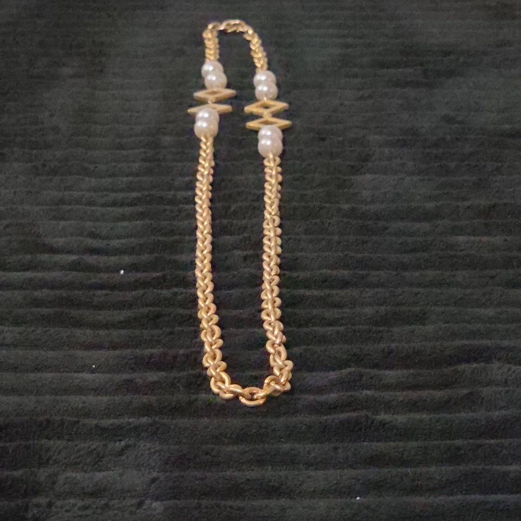 Vintage Gold Tone Geometric Necklace Long Pearl Station Diamond Link Chain 32"