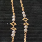 Vintage Gold Tone Geometric Necklace Long Pearl Station Diamond Link Chain 32"