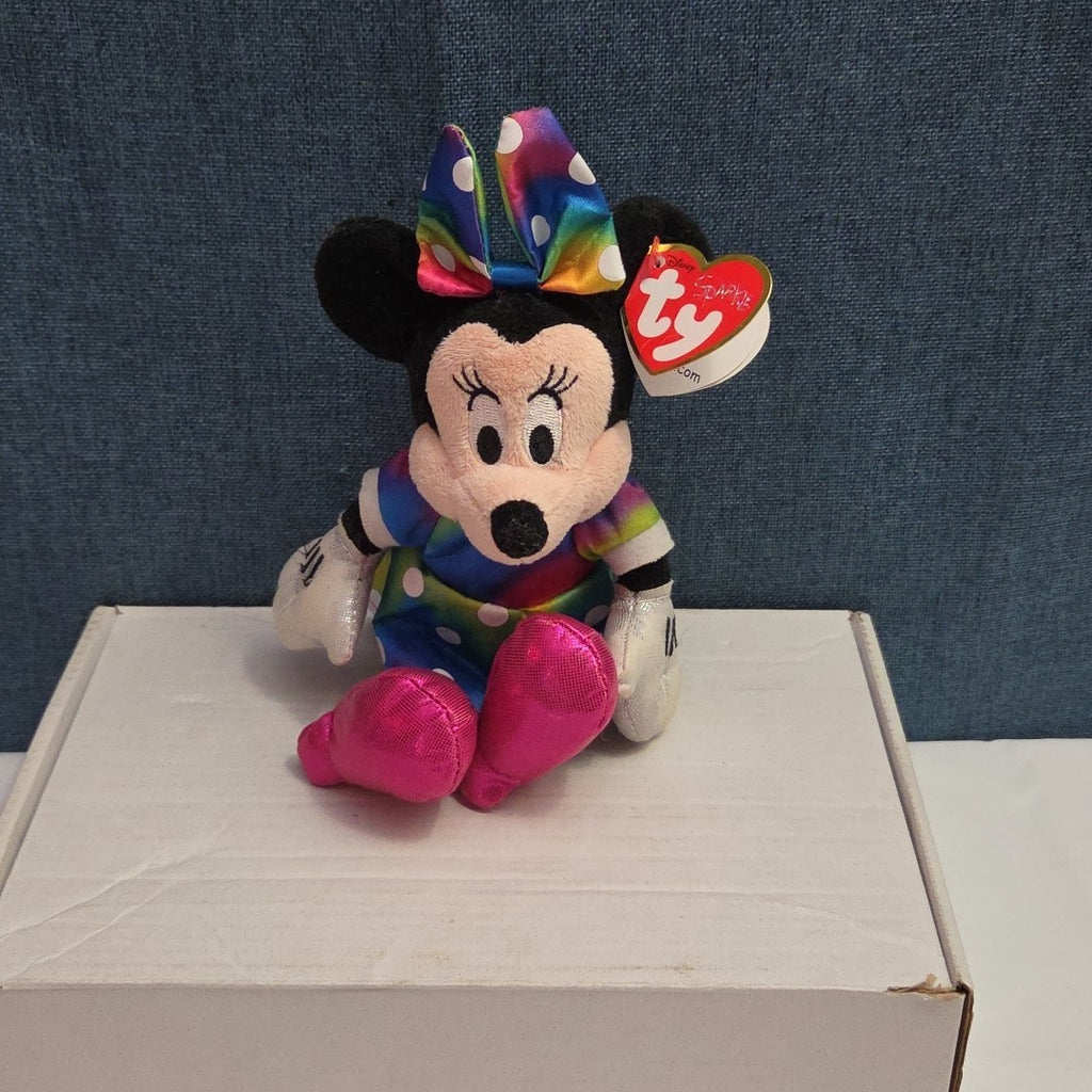 Ty Disney Beanie Baby Minnie Mouse Sparkle Rainbow Dress Metallic Pink Shoes