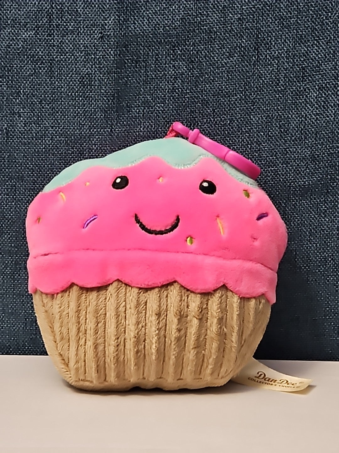 Dan Dee Cupcake Plush Keychain | Pink Happy Face Bag Clip | Kawaii Food Stuffed