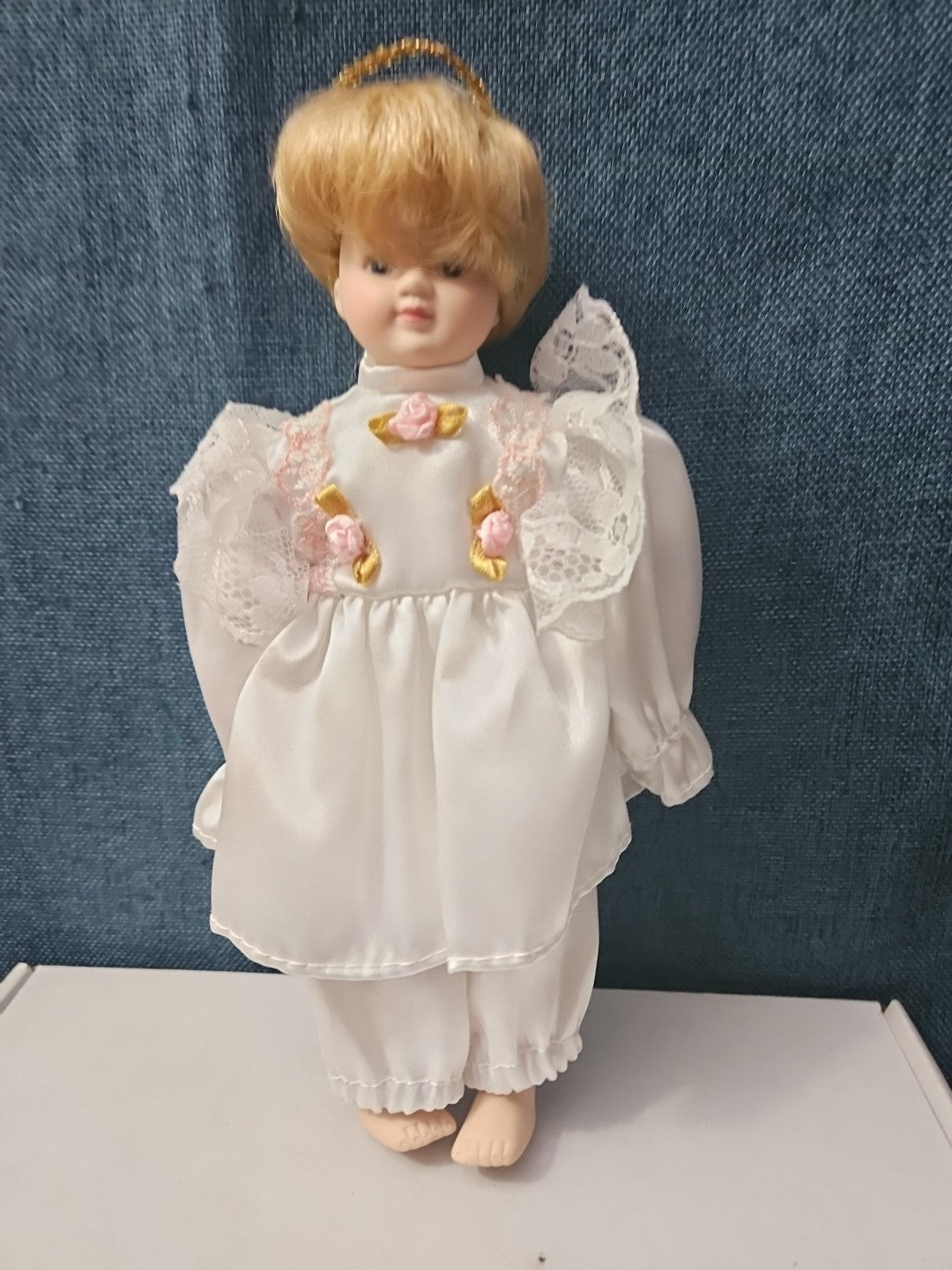 Vintage Porcelain Angel Doll | Blonde Guardian Angel with Halo