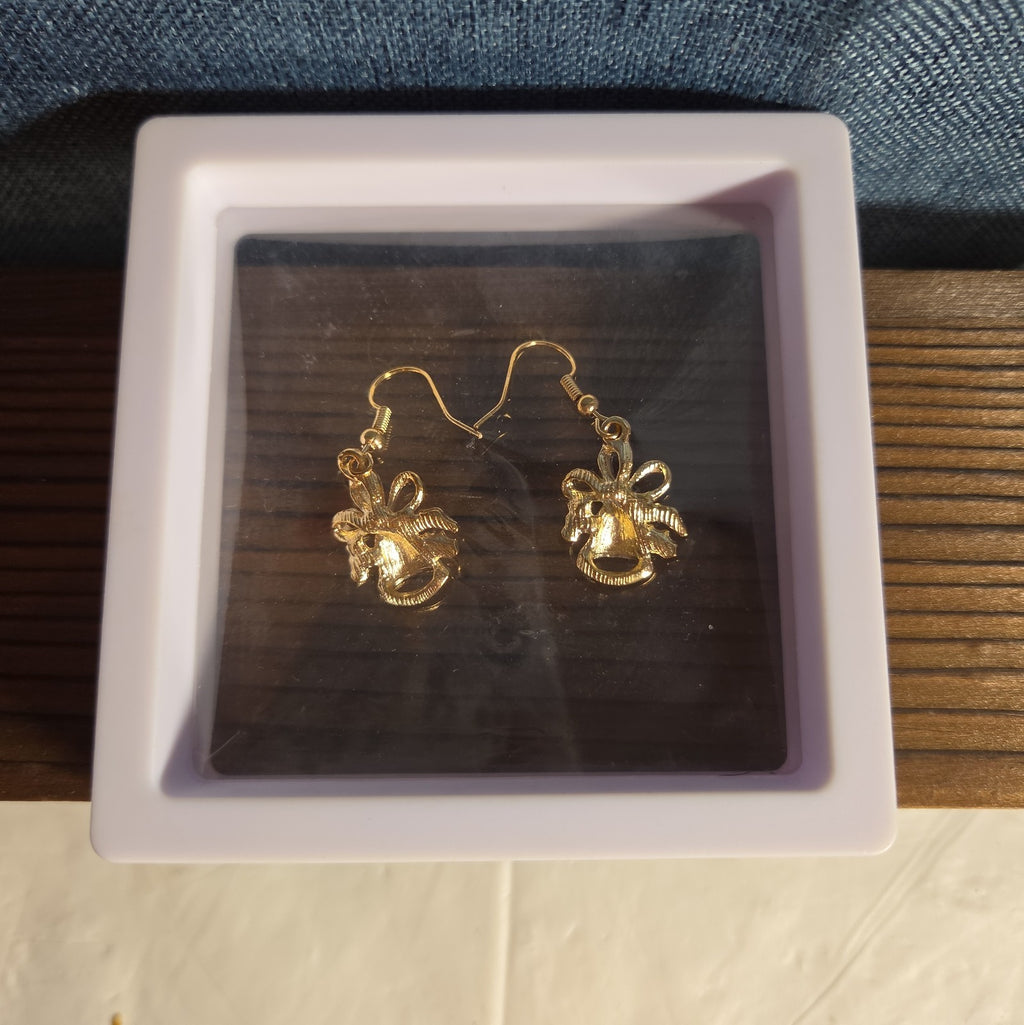 Gold Christmas Bells Drop Earrings 3/4" Red Enamel