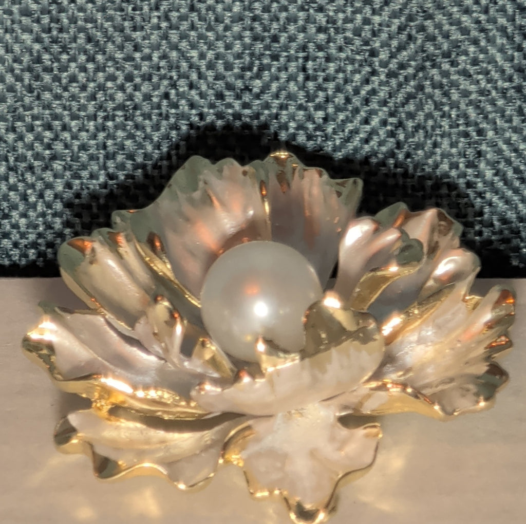 Peony Flower Brooch Pin Gold Tone Faux Pearl Enamel Coquette NWOT