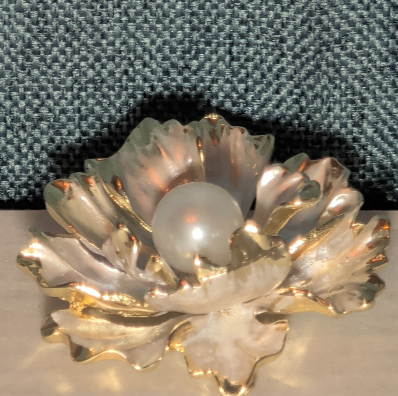 Peony Flower Brooch Pin Gold Tone Faux Pearl Enamel Coquette NWOT
