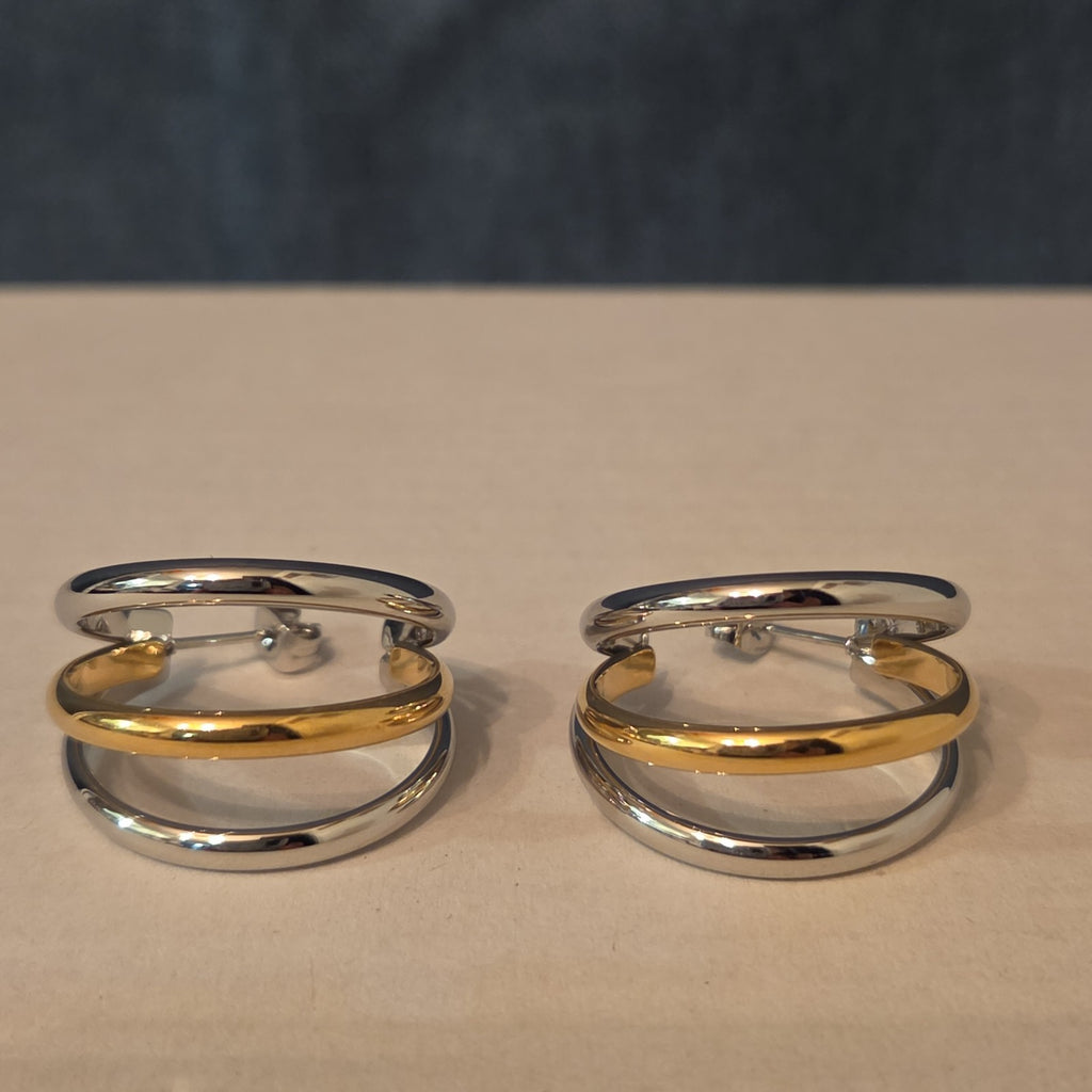 Triple Hoop Mixed Metal Gold Silver Tone Earrings Modern