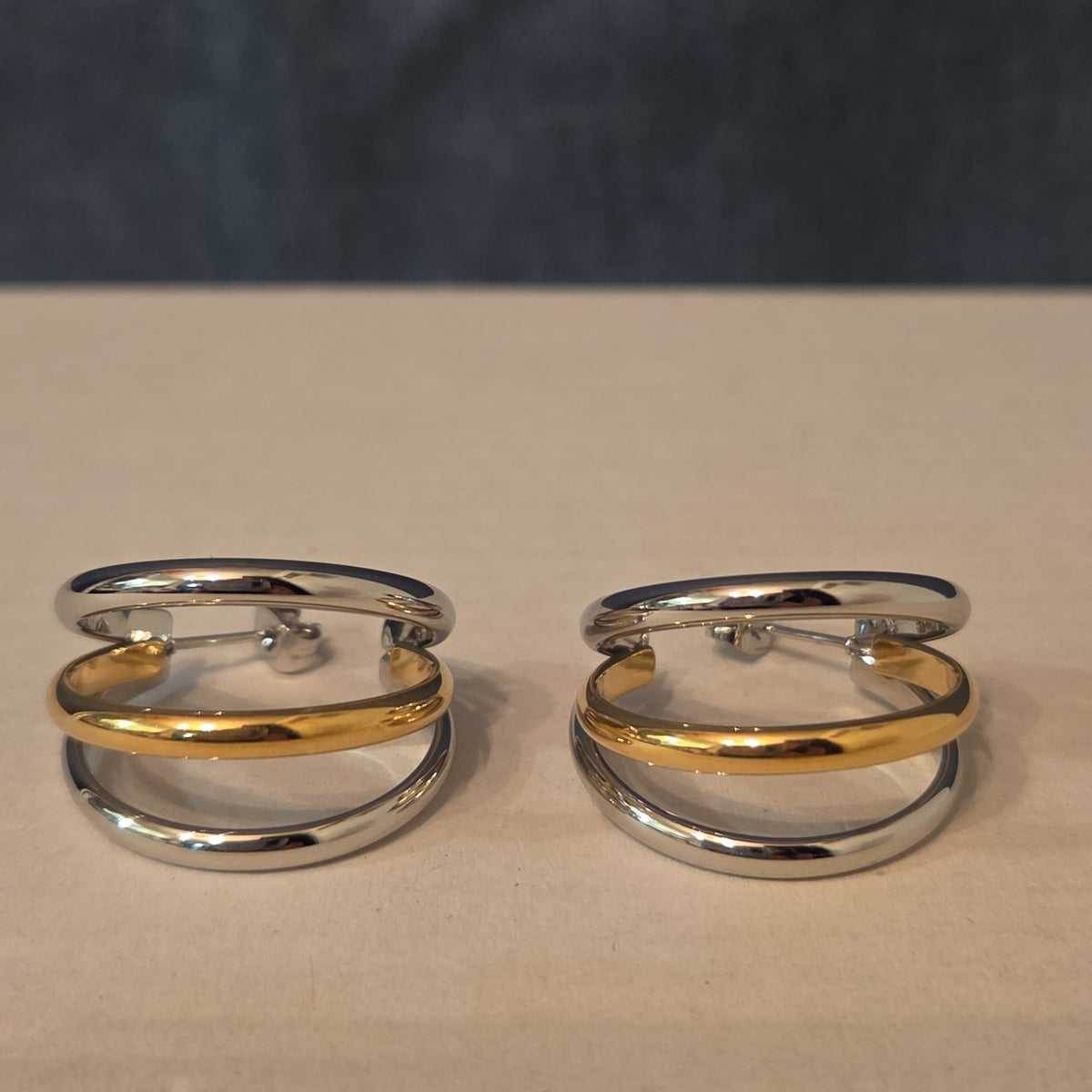 Triple Hoop Mixed Metal Gold Silver Tone Earrings Modern