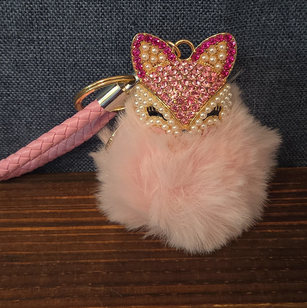 Pink Rhinestone Fox Pom Pom Keychain Charm Braided Strap