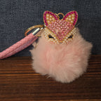 Pink Rhinestone Fox Pom Pom Keychain Charm Braided Strap