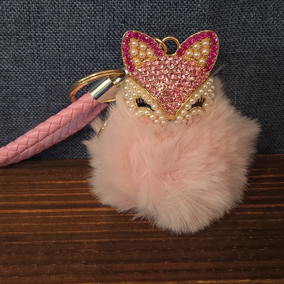 Pink Rhinestone Fox Pom Pom Keychain Charm Braided Strap