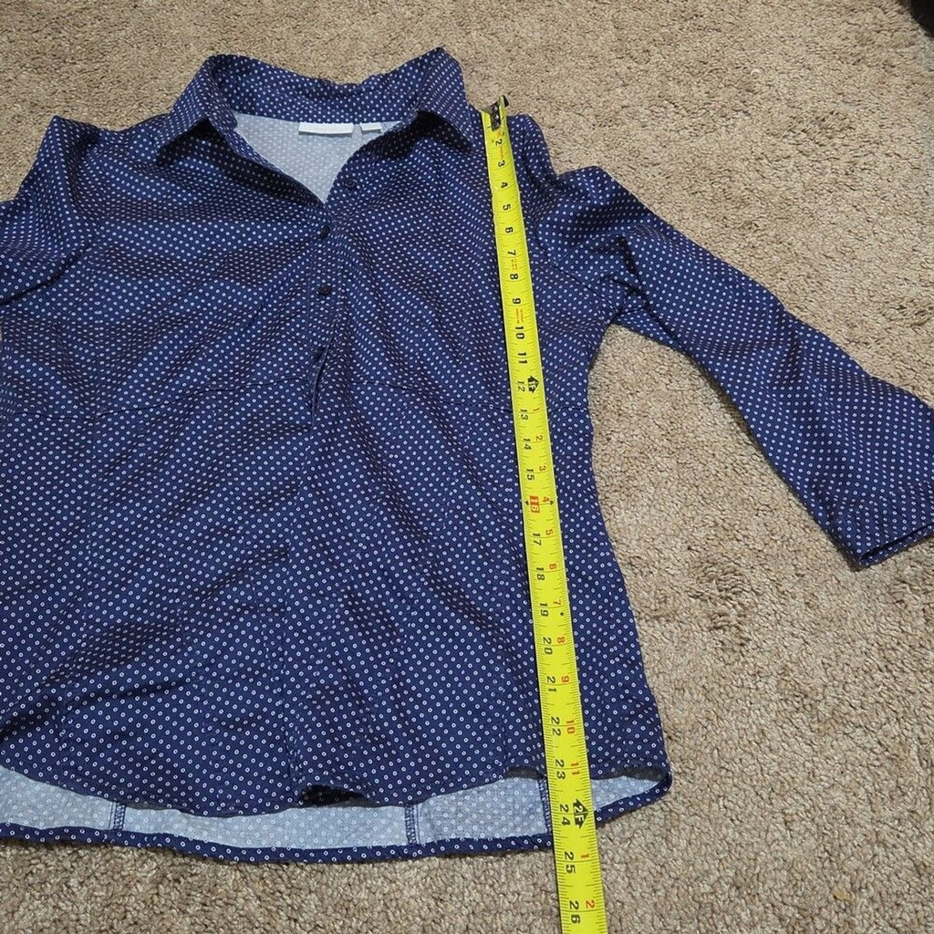 New York & Company Blouse Blue Polka Dot Button Down Office Wear Used Size L