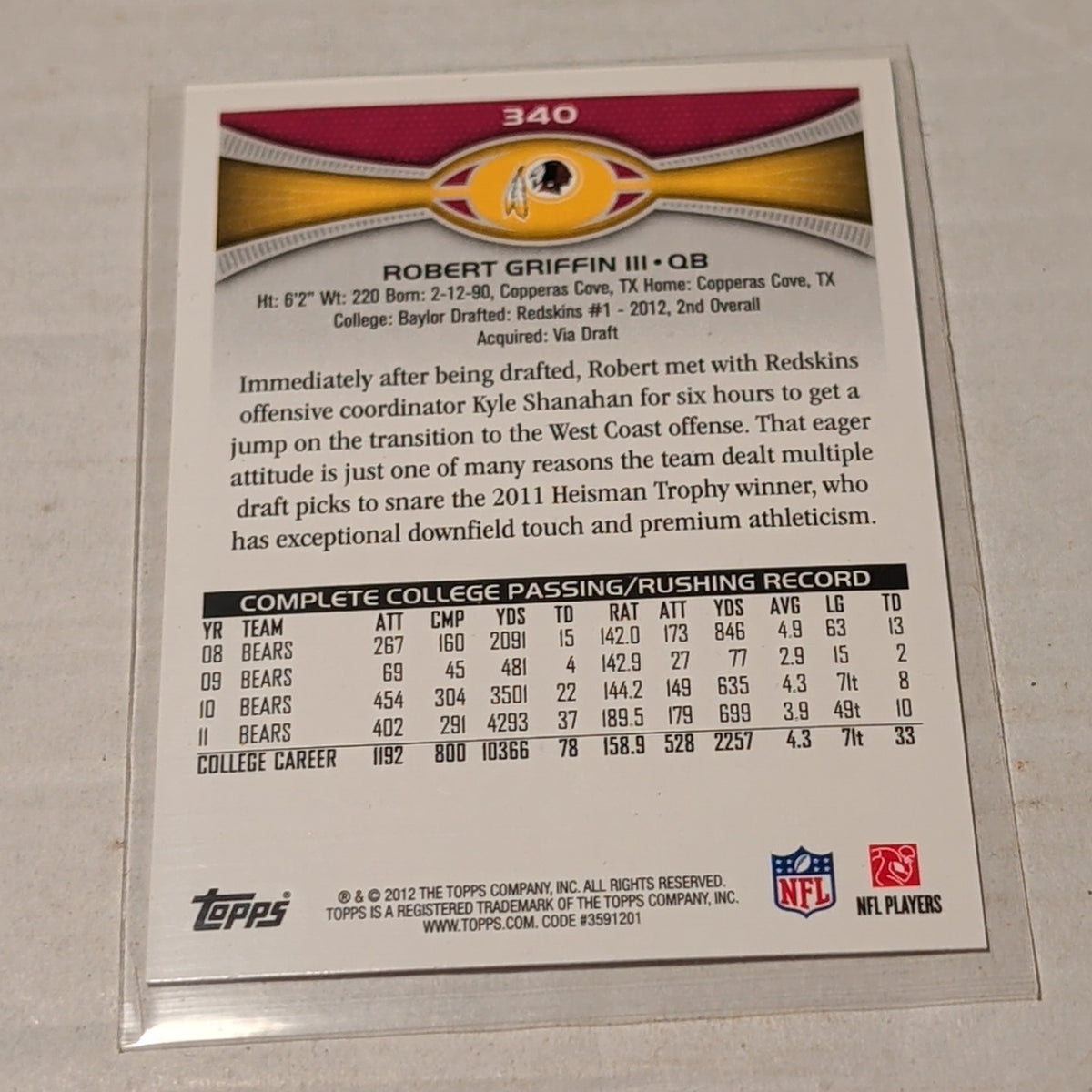 Robert Griffin III 2012 Topps RC #340 Redskins RC 