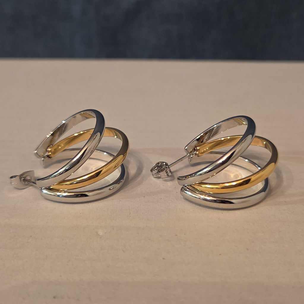 Triple Hoop Mixed Metal Gold Silver Tone Earrings Modern
