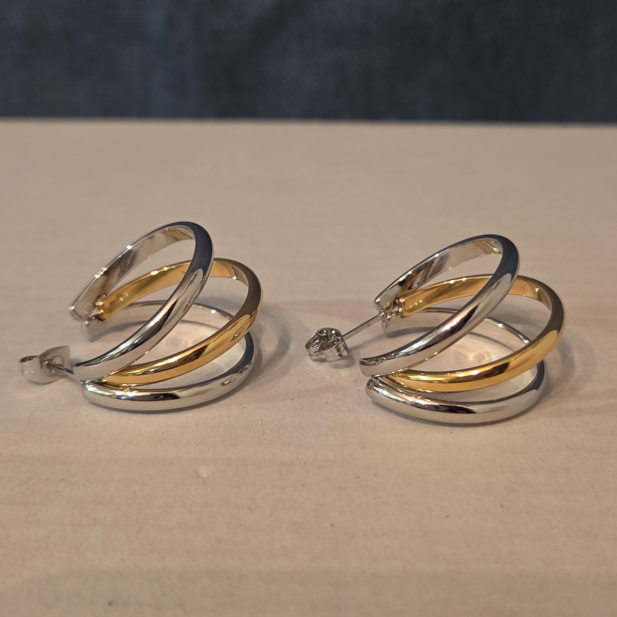Triple Hoop Mixed Metal Gold Silver Tone Earrings Modern