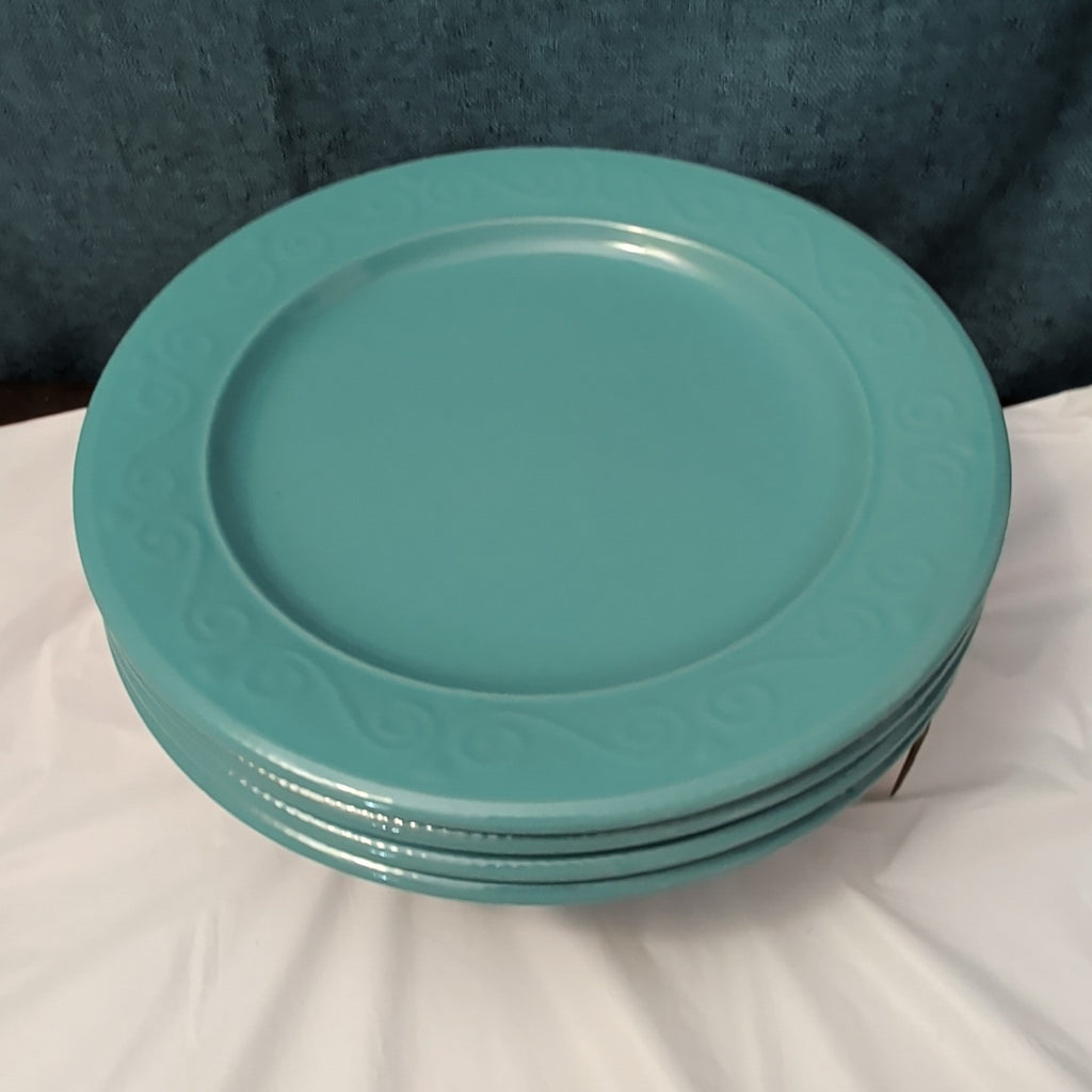 Set of 4 Royal Norfolk Dinner Plates Turquoise Teal Blue Scrolls Rim 10.5"