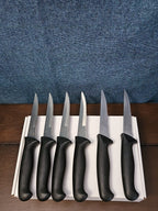 6 Gibson Steak Knives | 4.5" Serrated Stainless Steel | Wood Storage Block Tray