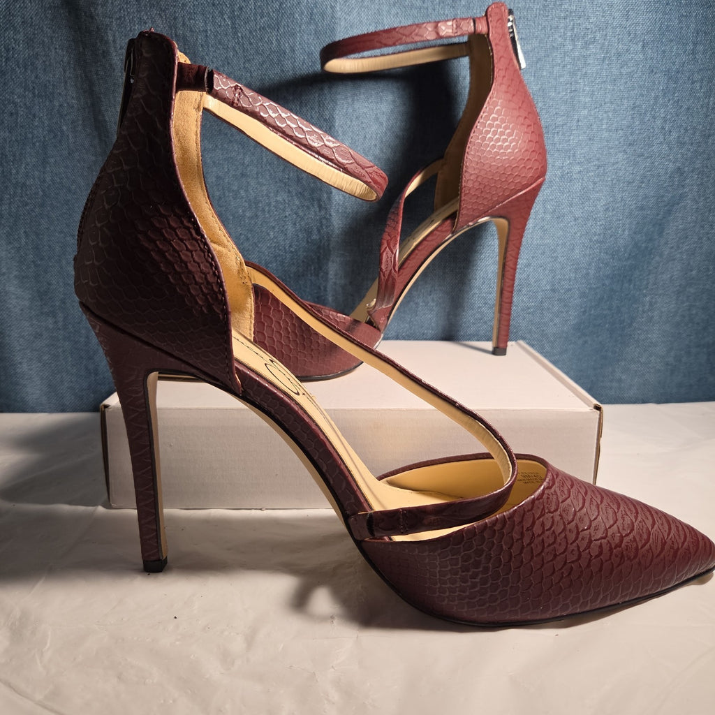 Jessica Simpson Wine Snakeskin Pumps 9M Ankle Strap Pointed Toe Zipper Heels 40