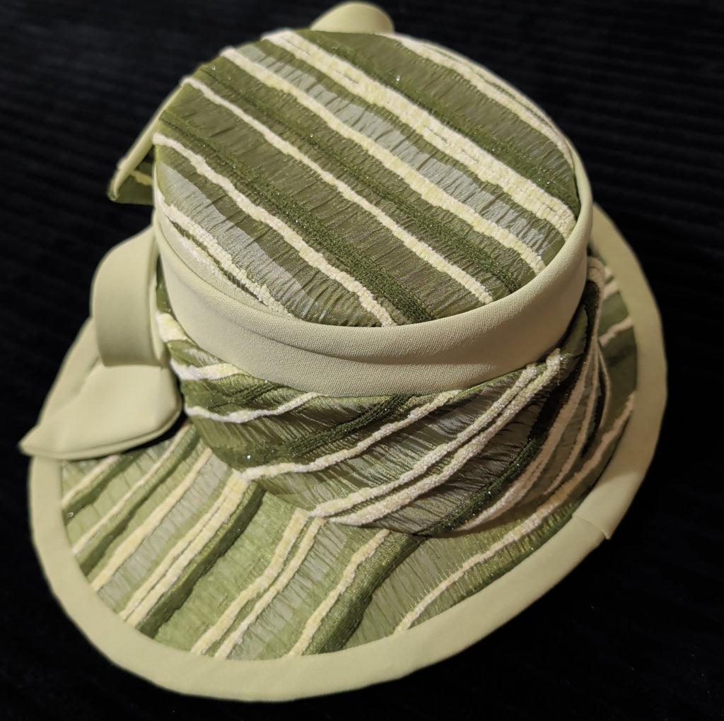 Carissimo Green Striped Wide Brim Church Derby Hat Bow Ribbon Vintage