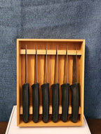 6 Gibson Steak Knives | 4.5" Serrated Stainless Steel | Wood Storage Block Tray