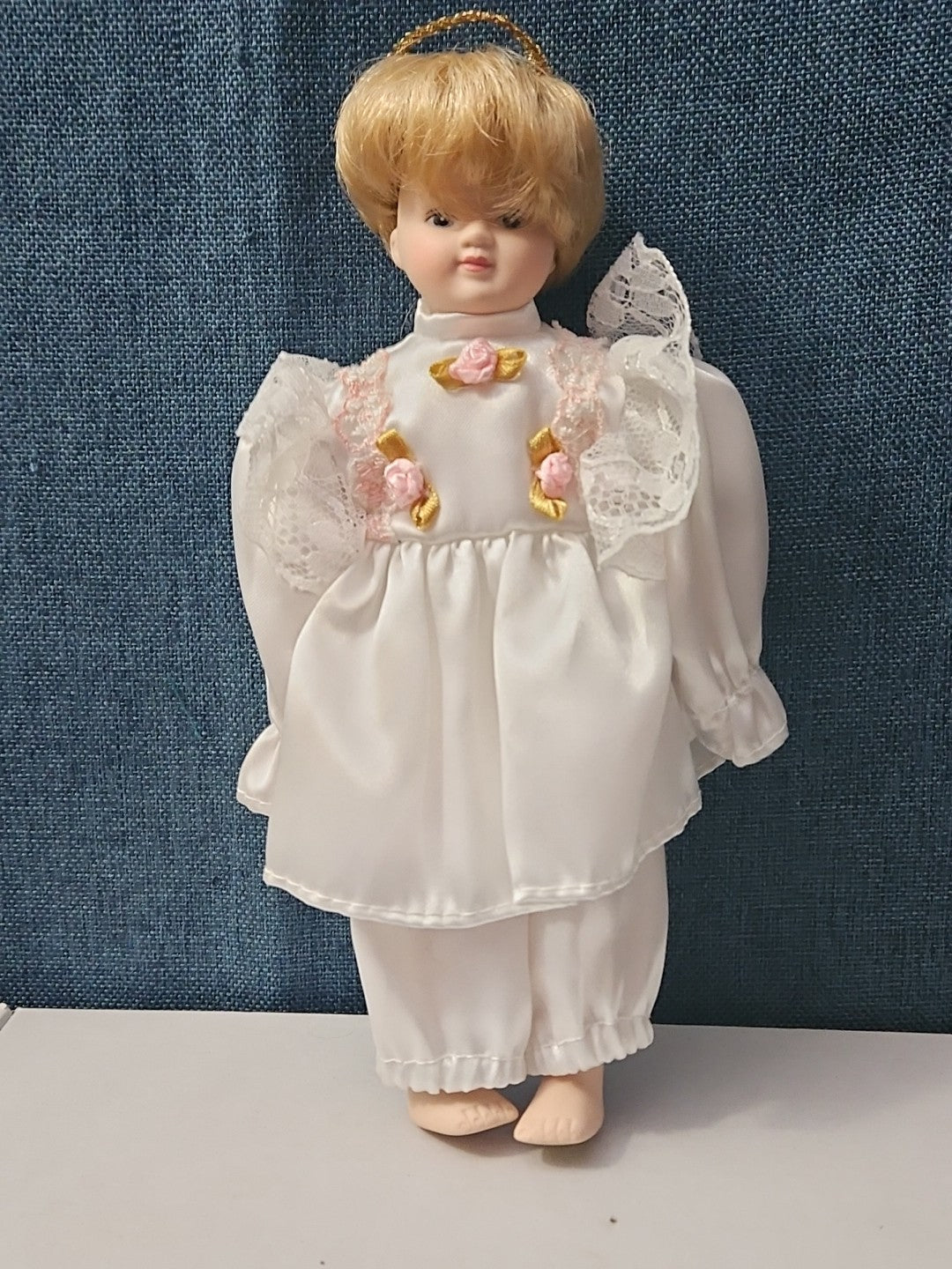 Vintage Porcelain Angel Doll | Blonde Guardian Angel with Halo
