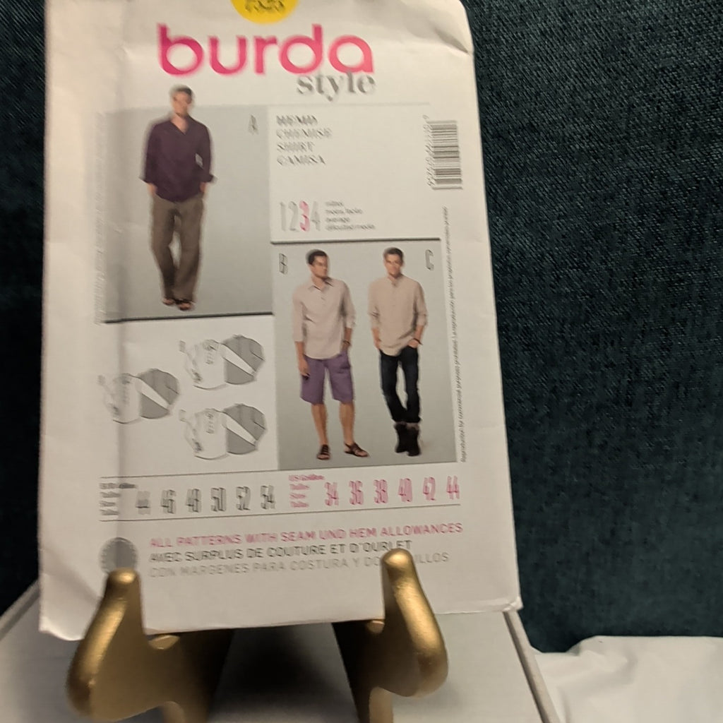 Burda 7525 Men's Shirt Pattern Button Up Tuxedo Bib Band Collar SZ 34-44 UNCUT