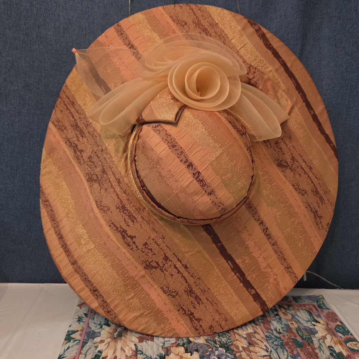 Ashro Wide Brim Derby Hat Peach Striped Mesh Flower