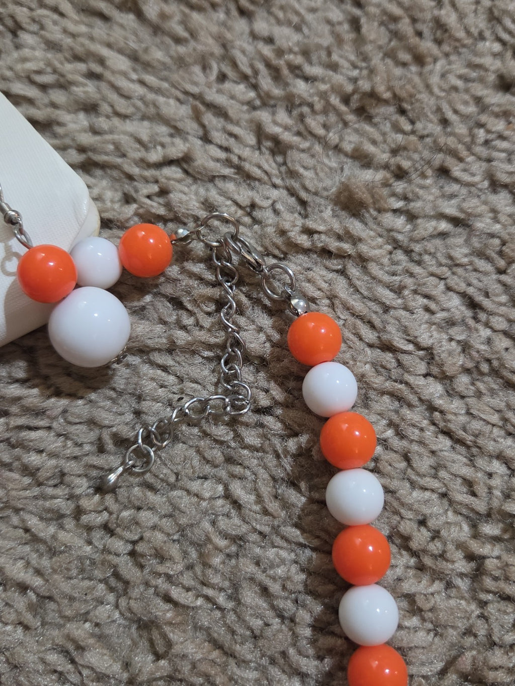 Chunky Bubblegum Bead Necklace Earring Set Orange White Retro