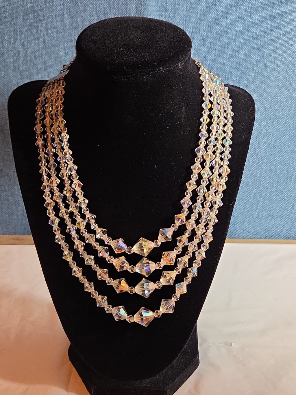 Deltah 4-Strand Aurora Borealis Crystal Necklace Vintage Glam