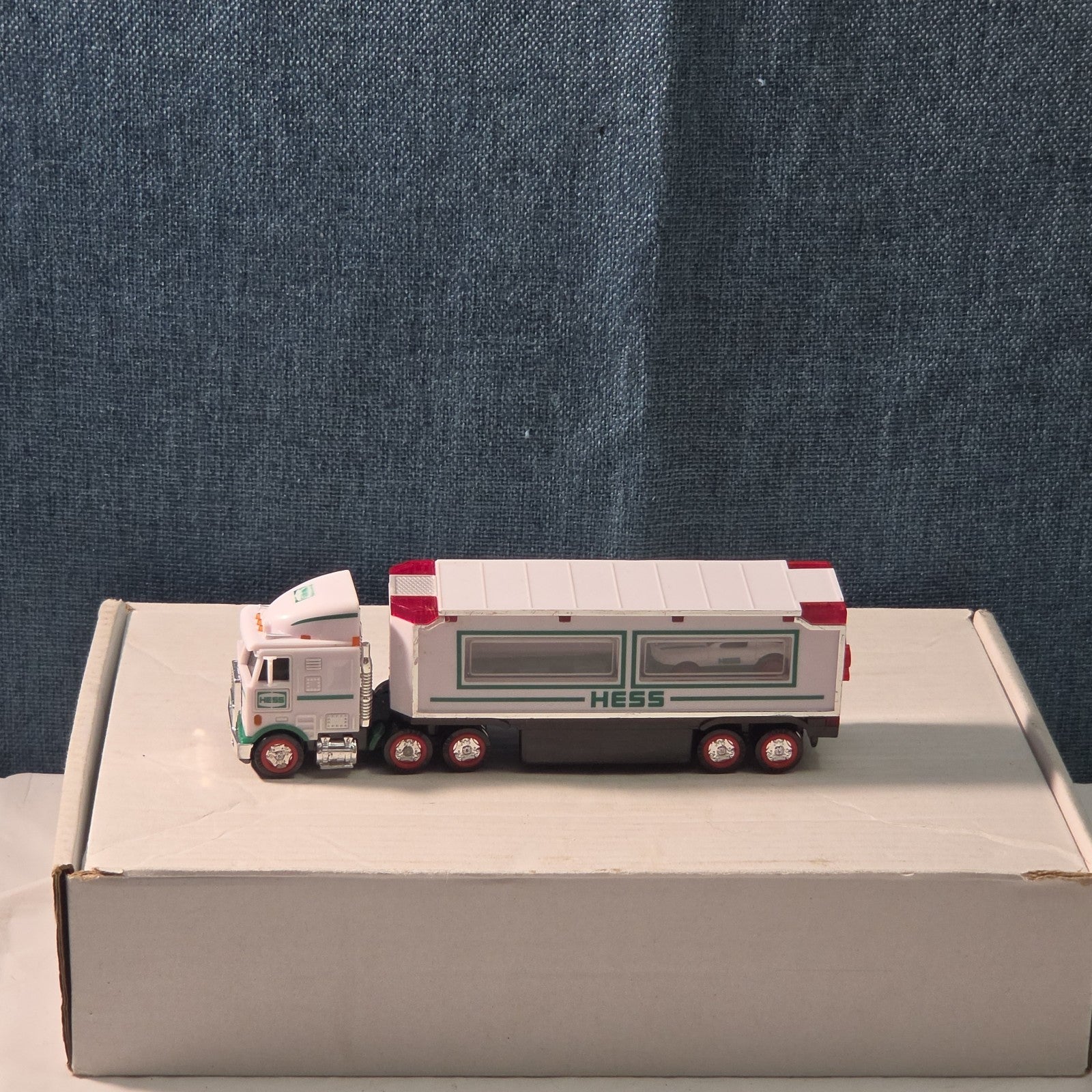 2021 Hess Mini Toy Truck Semi Hauler with Race Car White & Green Collectible