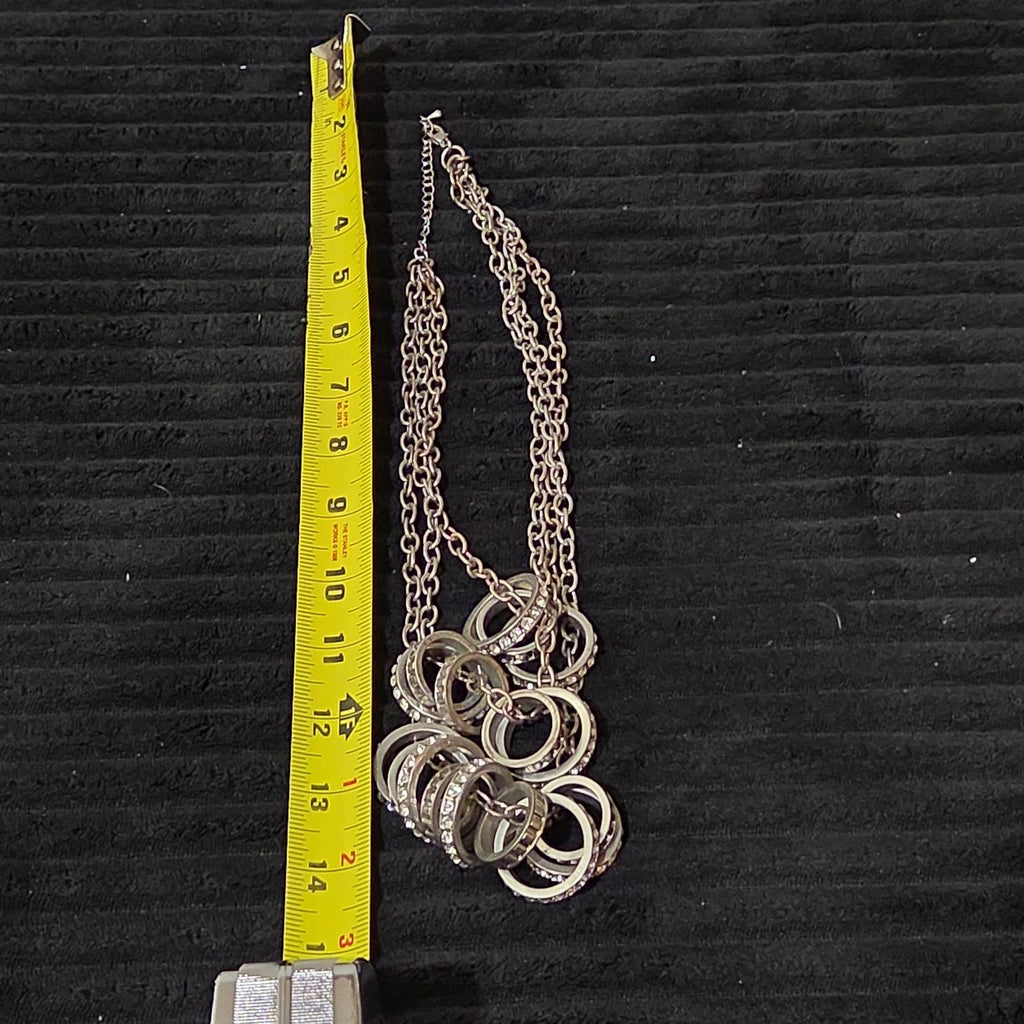 NY Collection Silver Tone Triple Chain Rhinestone Ring Cluster Necklace