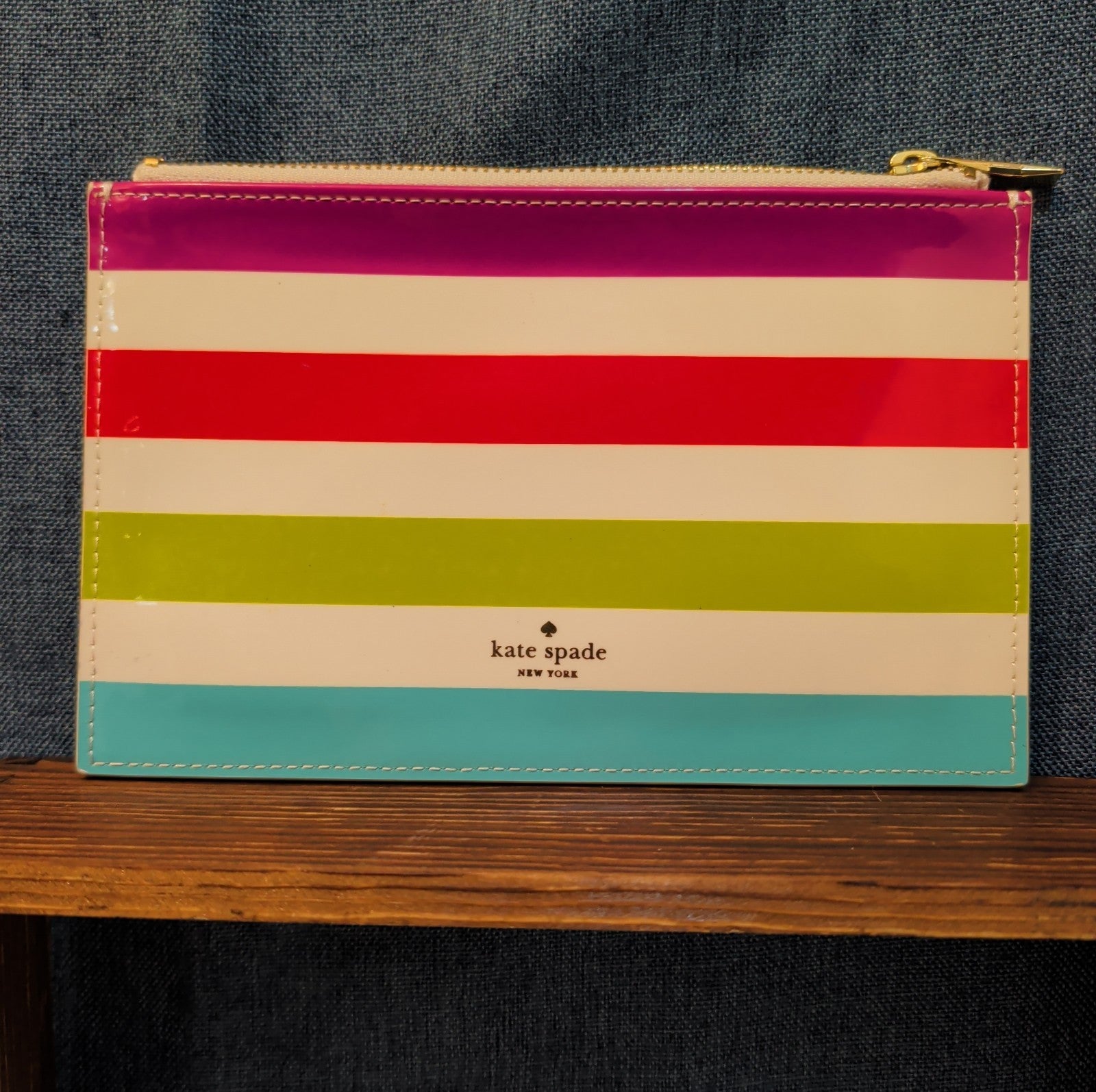 Kate Spade Striped Pencil Case Makeup Pouch Glossy Patent Preppy