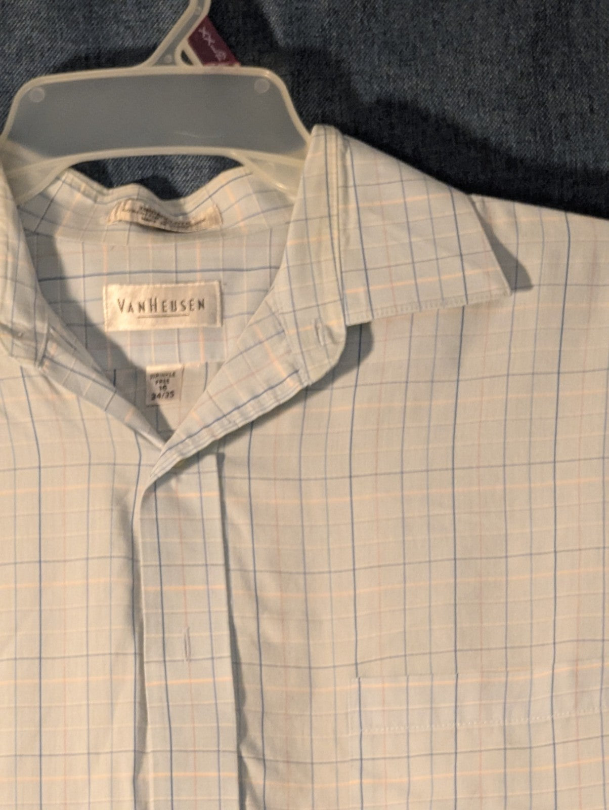 Van Heusen Wrinkle Free Broadcloth Dress Shirt Men's 16 (34/35) Light Blue Plaid