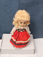 Vintage Heritage Doll Piggy Bank European Folk Costume Blonde Curls Aged Charm