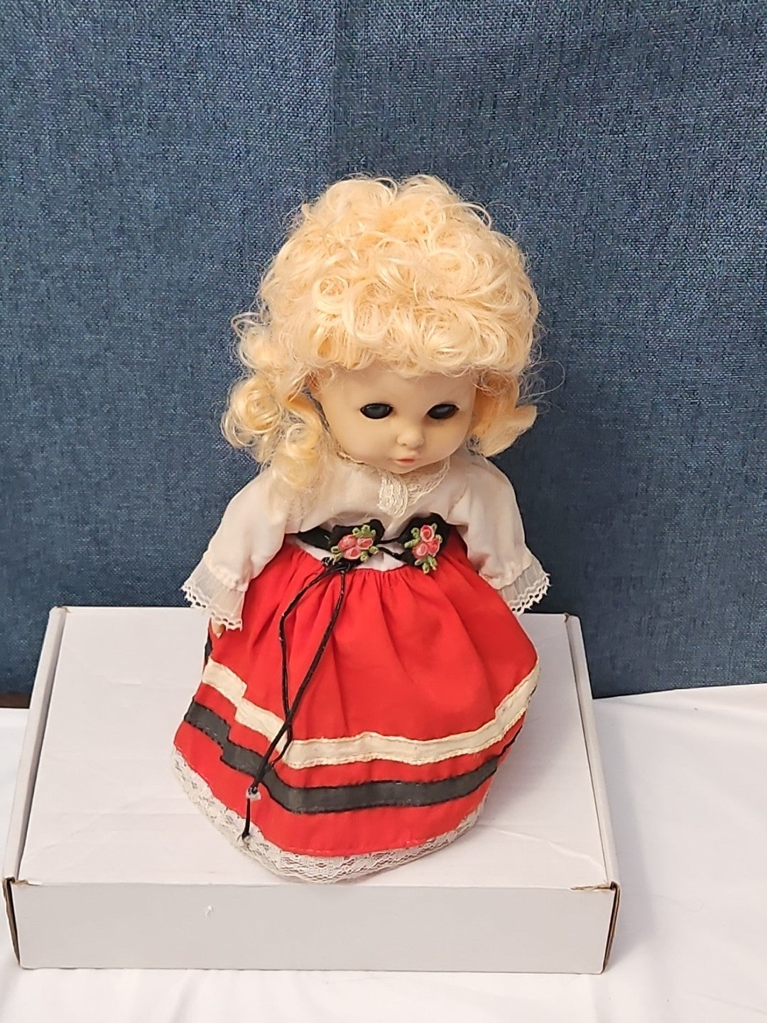 Vintage Heritage Doll Piggy Bank European Folk Costume Blonde Curls Aged Charm