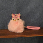 Pink Rhinestone Fox Pom Pom Keychain Charm Braided Strap