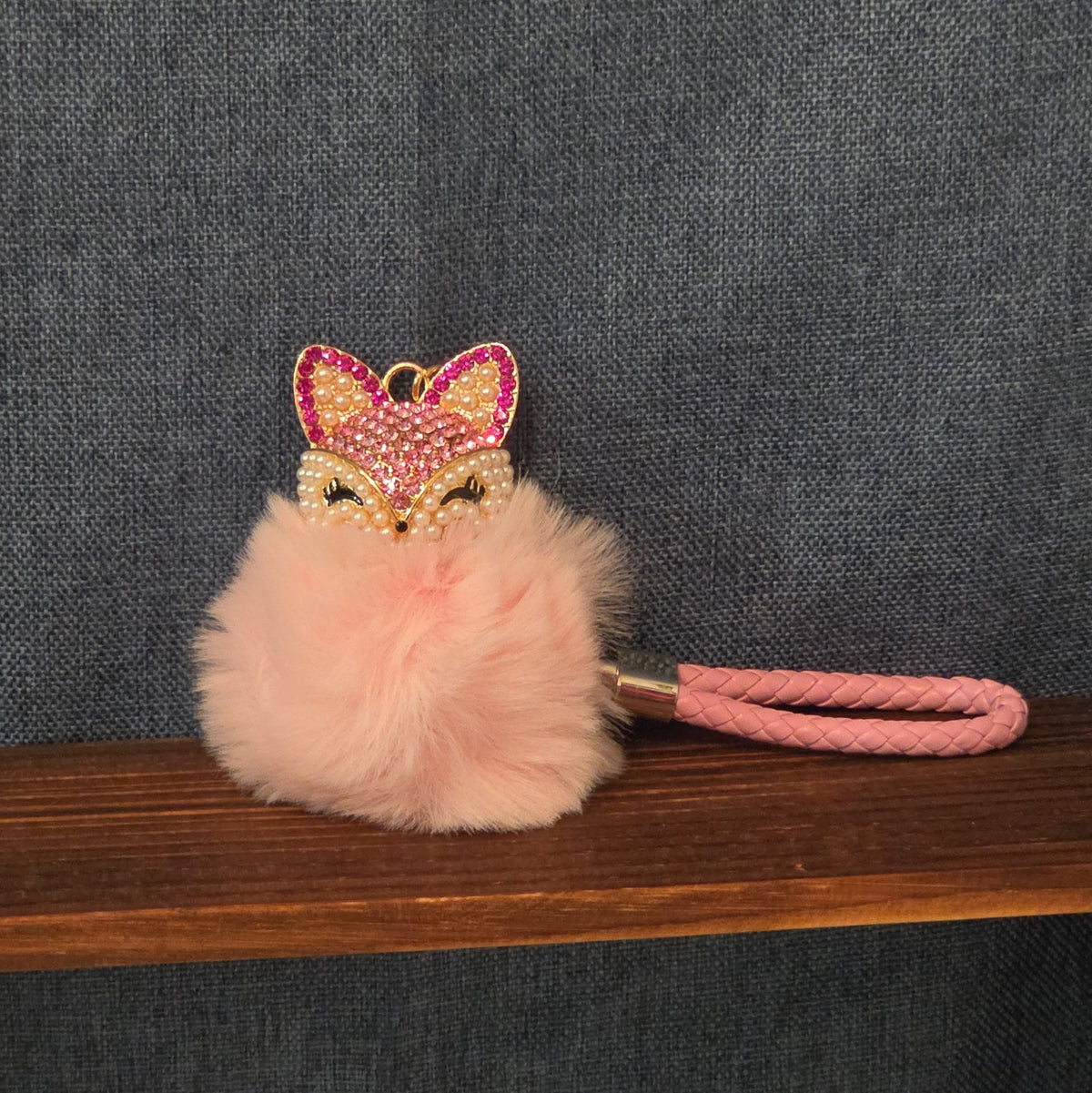 Pink Rhinestone Fox Pom Pom Keychain Charm Braided Strap