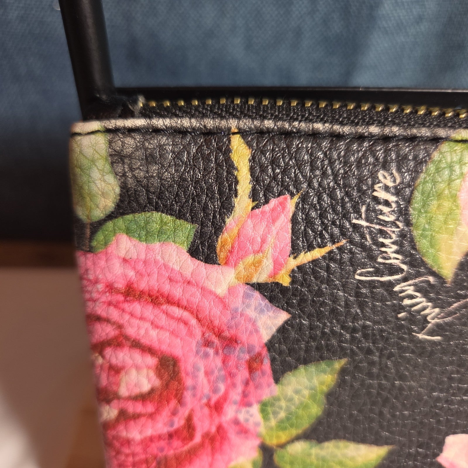 Juicy Couture Rose Floral Zipper Pouch Card Holder Black Pink Y2K