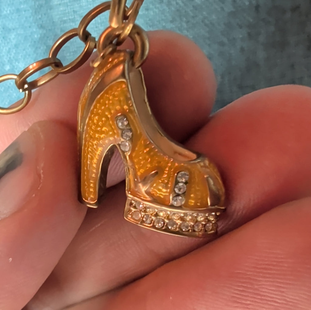High Heel Shoe Pendant Necklace Gold Tone Rhinestone Y2K