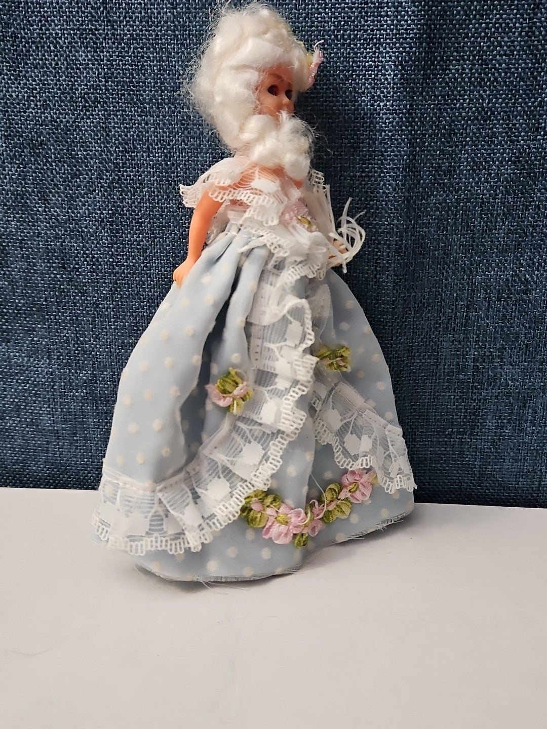 Vintage 5.5" Costume Doll | Blue Polka Dot Rococo Dress | Hard Plastic Souvenir
