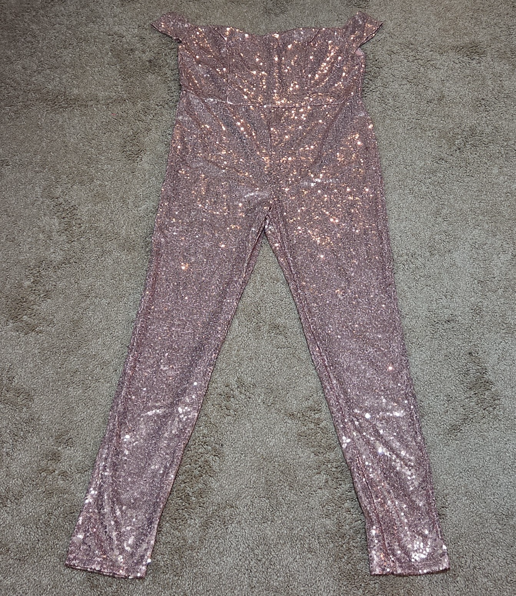Rose Gold Sequin Off Shoulder Party Jumpsuit Romper  XL