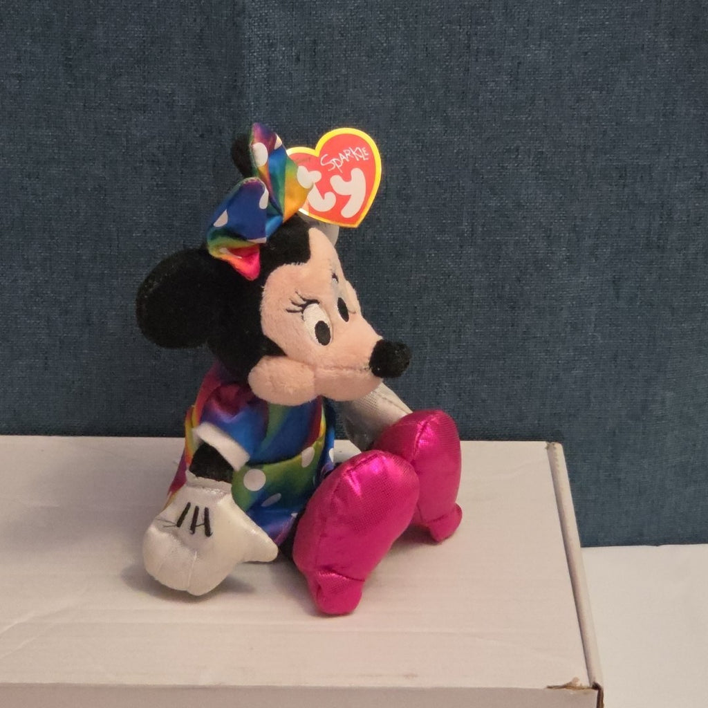 Ty Disney Beanie Baby Minnie Mouse Sparkle Rainbow Dress Metallic Pink Shoes