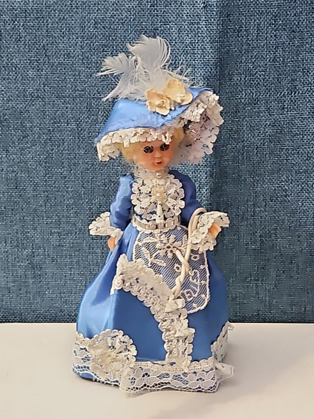Vintage Brussels Souvenir Doll | 6" Belgium Blue Dress | "Bruxelles" Lace Apron