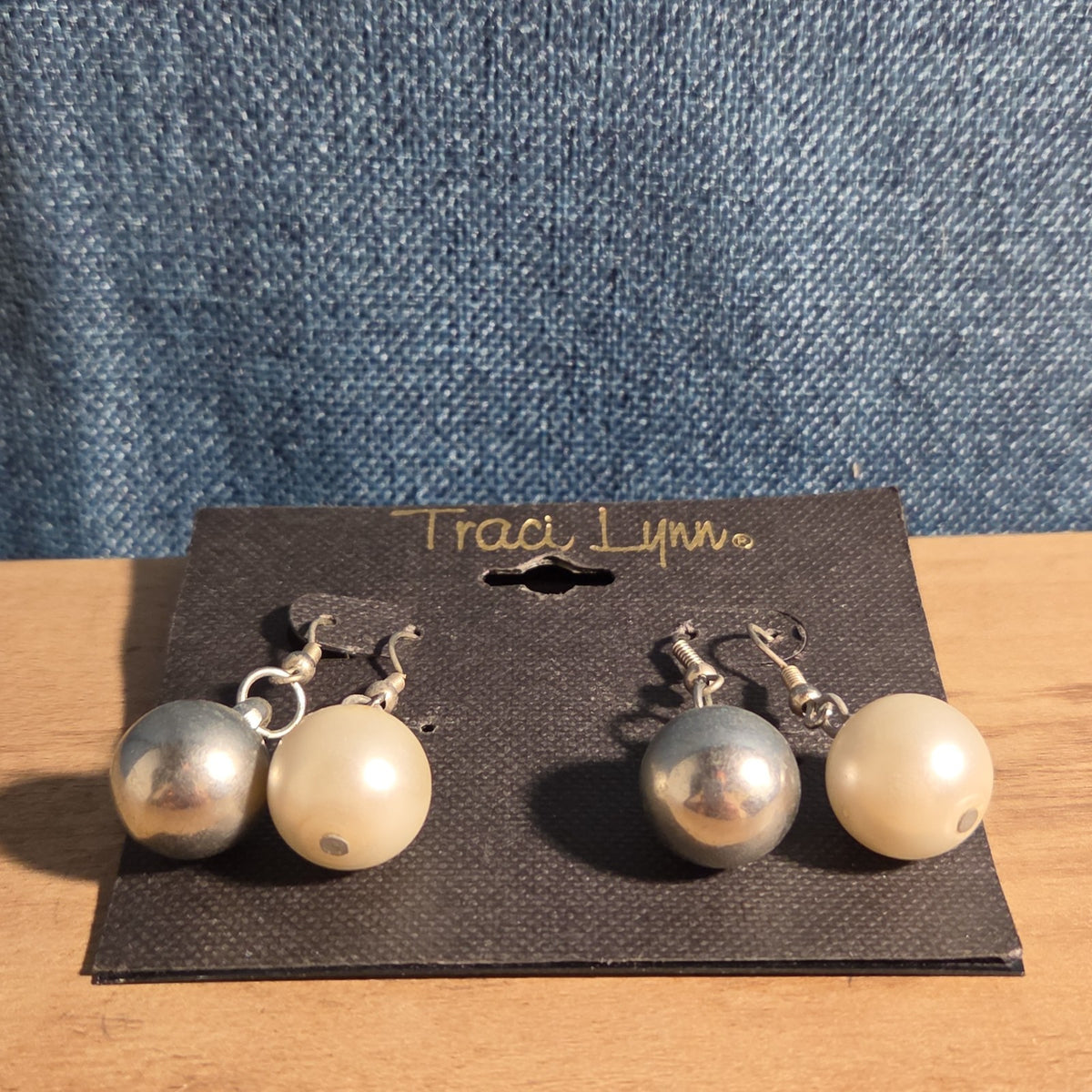 Traci Lynn Faux Pearl Silver Ball Hook Drop Earrings