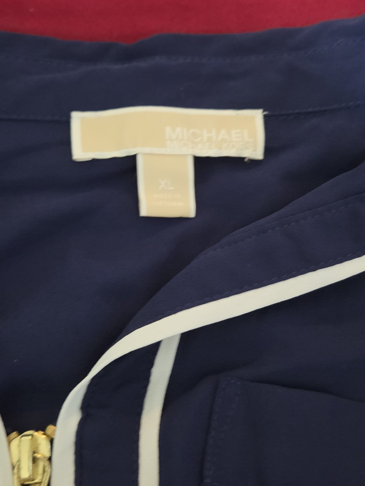 Michael Kors Blouse XL Navy Blue Zip Front Roll Tab Sleeve Shirt Gently Used