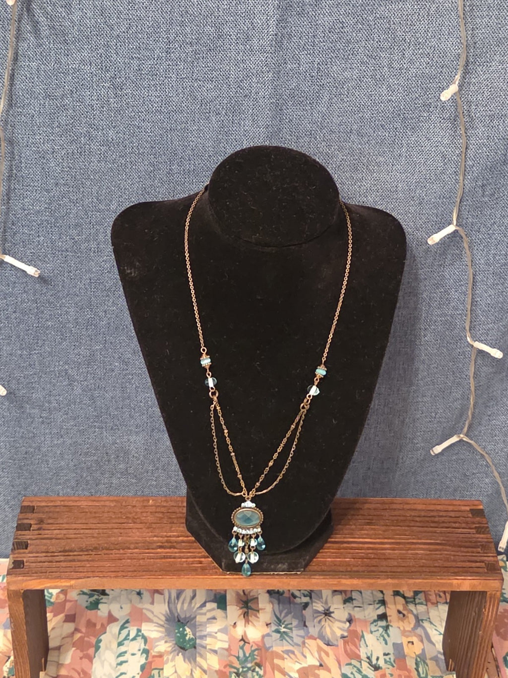 Lia Sophia Blue Bead Double Loop Necklace Antique Gold Tone Boho