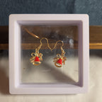 Gold Christmas Bells Drop Earrings 3/4" Red Enamel